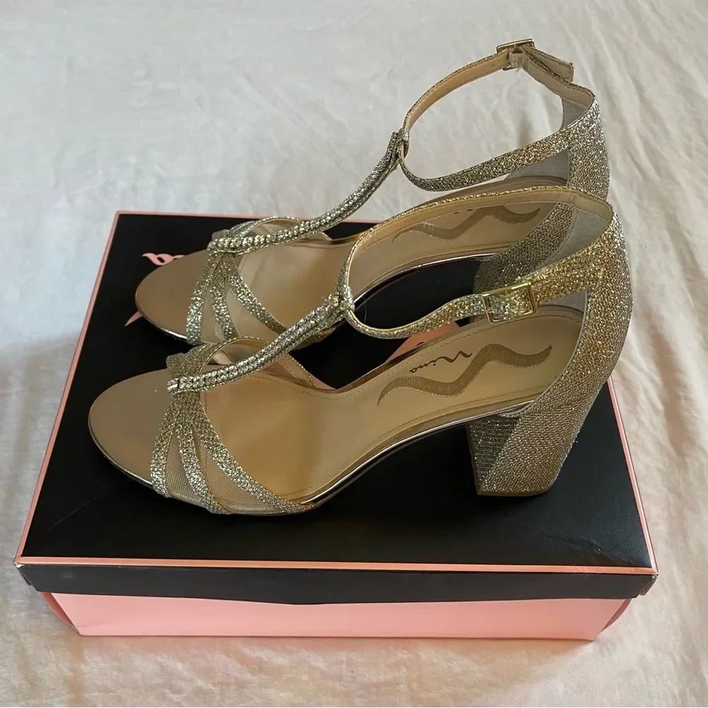 Nina Haviva Rhinestone T-Strap Heels | Gold | Size 8.5